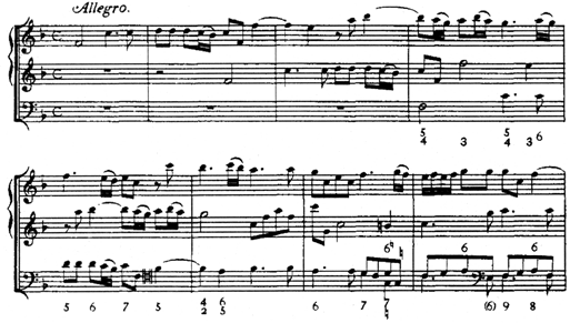 The excerpt is eight measures long and is written for three instruments using two treble clefs and a bass clef. 